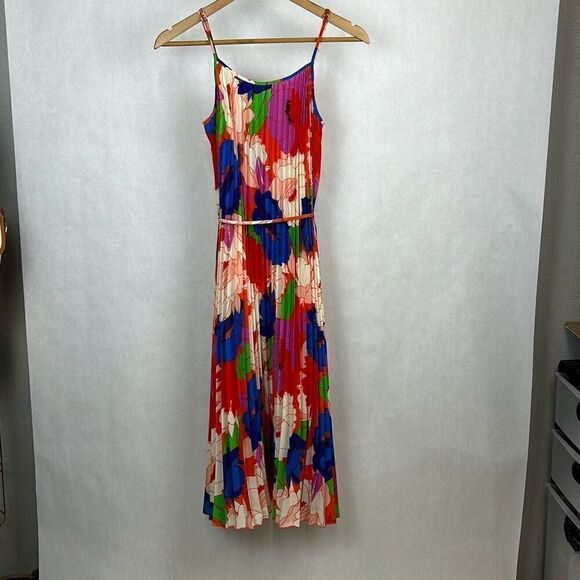 Sam Edelman Dresses & Skirts - Sam Edelman Pleated Plisse Satin Belted Dress Sz S Multi Water Color Floral Midi